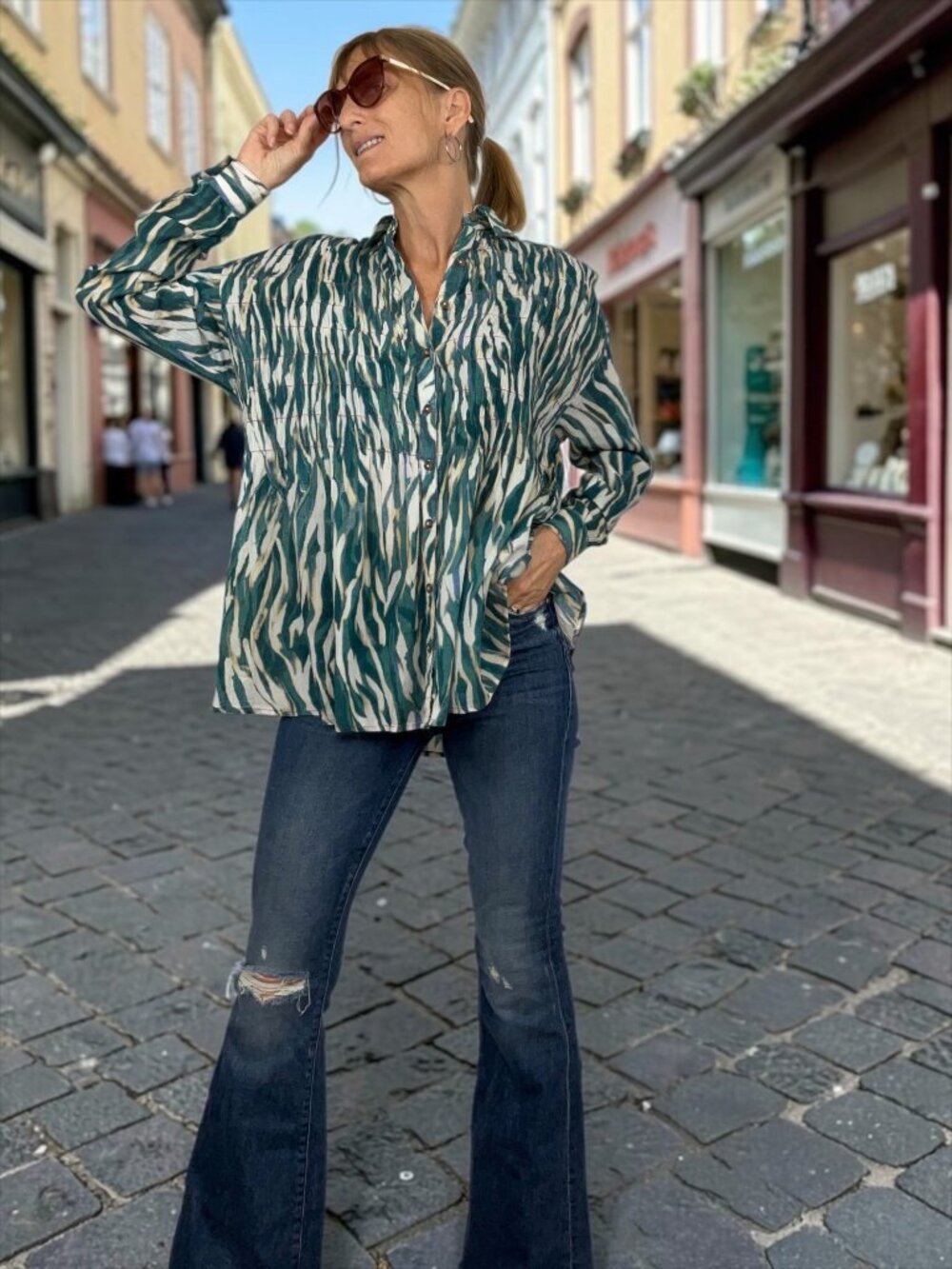 Anthropologie Pilcro Smocked Buttondown Shirt XXS 2XS Green OVERSIZED Cotton